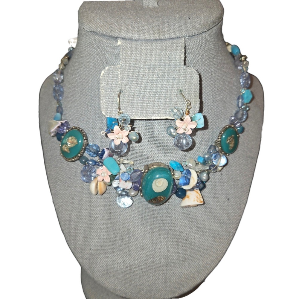Unmarked Beaded Jewelry Set Women Blue Sea Shell Floral Coastal Mermaidcore READ